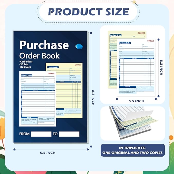 100 Sets Purchase Order Book 5-9/16 x 8-7/16 Inches 2 Part Carbonless Copy Numbered Spiral Bound Purchase Order Forms Receipt Book Invoice Book for Small Business Office (2)