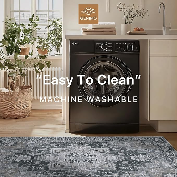 GENIMO 2x5 Runner Rugs for Hallway, Machine Washable Non Slip Vintage Rugs, Low Pile Lightweight Soft Print Rug for enrtyway, Corridor, Home Office, Kitchen,Dark Gray