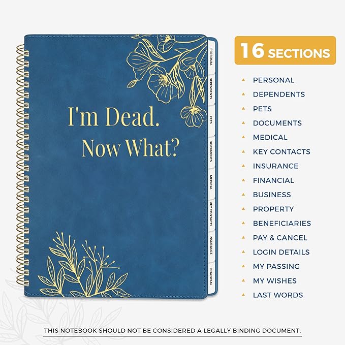 SUNEE End of Life Planner - I‘m Dead Now What Planner, Large Print Spiral-Bound Estate Organizer with Tabs for Seniors & Family. Covers Final Wishes, Passwords & Funeral Planning.A5 (6.4”x8.5“), Blue