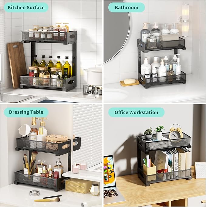 Beleeb Under Sink Organizer, 2-Pack of 2-Tier Metal Slide Out Pull Out Cabinet Organizer Shelf, Height Adjustable Organization and Storage Series, Bathroom/Desktop/Cabinet/Kitchen Organization, Black