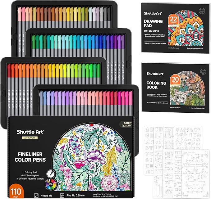 Shuttle Art Fineliner Colored Pens, 100 Colors 0.38mm Fine Point Pens with Stencils & Adult Coloring Books for Coloring, Drawing, Detailing, Writing Note Taking Calendar and Journal Art Projects