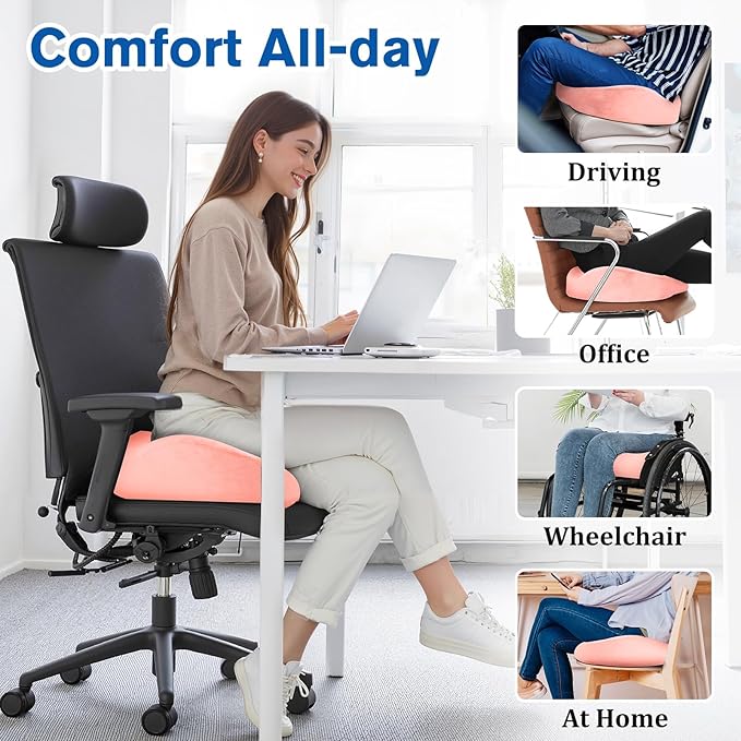 CushyOasis Seat Cushion, Chair Cushions, Office Chair Cushions, Anti-Slip Bottom & Removable Cover Tailbone Pain Relief Cushion, Memory Foam Seat Cushion for Office, Wheelchair, Car (Pink)