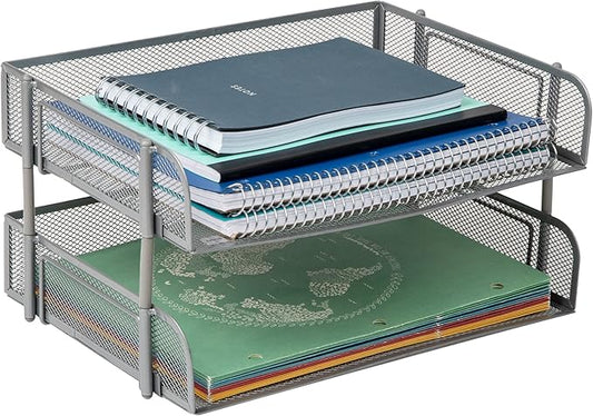 Mind Reader Stackable Paper Tray, Desktop Organizer, File Storage, Office, Metal Mesh, 13.5" L x 10" W x 7.25" H, 2 Pcs., Silver