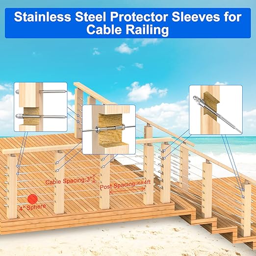 BLIKA 200 Pack Stainless Steel Protector Sleeves for 1/8" 5/32" or 3/16" Deck Cable Railing, for Wood/Composite Posts, T316 Marine Grade, Cable Railing Protector Sleeves