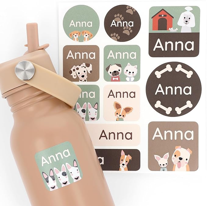 Large Name Labels for Kids (33) - Custom Stickers for Daycare and School Supplies - Durable, Waterproof Stickers for Water Bottles, Lunch Boxes, and More with Unique Designs - Dog