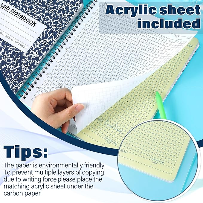 Affrolling 2 Pack Carbonless Lab Notebook Carbon Copy 8.5'' x 11'' 50 Set of Pages 100 Pages Total Laboratory Engineering Chemistry Computation Notebook Science Grid Total Coil Binding(Blue and White)