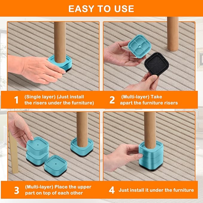 shouwuhho 4 Pack Furniture Risers Adjustable Bed Risers Heavy Duty Lifts Height 1", Square Stackable Bed Risers 1, 2 or 3 Inch for Desk Leg Table Couch Sofa Chair Bed Frame Legs Dorm, Blue