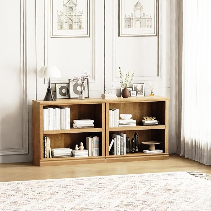 blini 2-Shelf Bookcase Wooden Bookshelves 33in Wide Floor Standing Display Storage Shelves Vintage Oak Bookcase for Home Office, Living Room, Bed Room