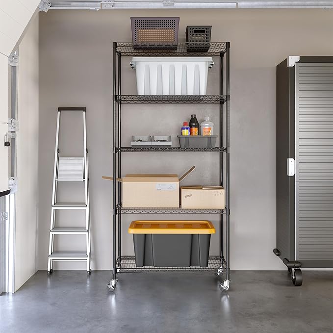 Seville Classics UltraDurable Heavy Duty NSF Solid Steel Wire Rack Storage Unit, Organizer for Garage, Warehouse, Office, Restaurant, Classroom, Kitchen, Black, 5-Tier Shelving, 36" W x 14" D