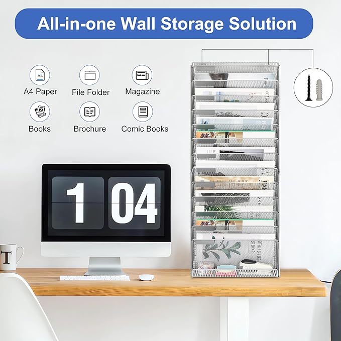 EasyPAG Wall File Holder 14 Tier Mesh Hanging Folder Organizer with Flat Tray Wall Mounted Mail Organizer Magazine Paper Desk Shelf with Nametag Label for Office Home School, Silver