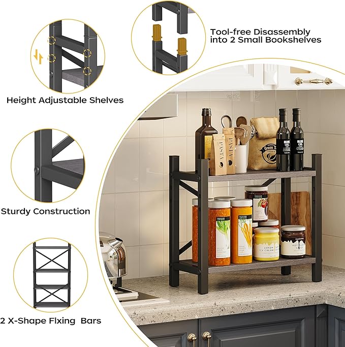 Homeiju Desktop Bookshelf, 4-Tier Stackable Narrow Desk Bookcase, Adjustable Industrial Desk Organizer Display Shelf, Wood Desktop Book Organizer for Living Room, Bedroom and Home Office(Grey)