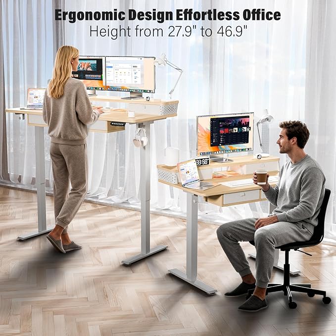 Kingant 55 x 24 Inch Electric Standing Desk with 4 Drawers, Height Adjustable Sit to Stand Computer Desk with Storage Shelf and C-Clamp Mount Compatibility for Home Office, Nature