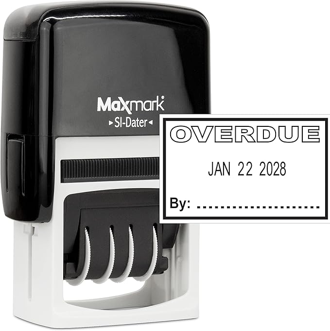 MaxMark Office Self Inking Date Stamp with Phrase Overdue - Black Ink