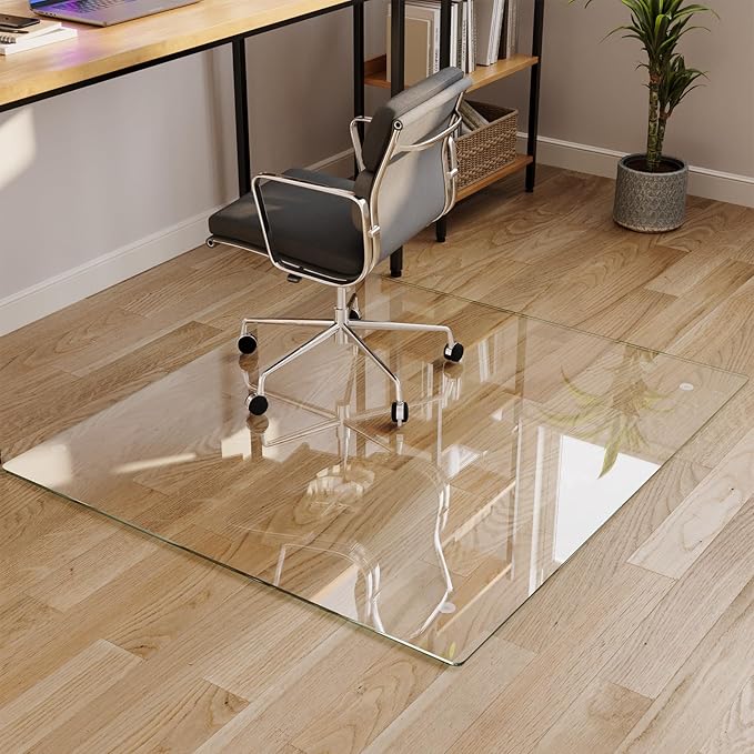 Koonmi Tempered Glass Chair Mat for Hardwood Floors & Carpets, 42" x 48“ Transparent Heavy Duty Office Floor Protector with Noise-Free Gliding Shatterproof for Home Office Desk