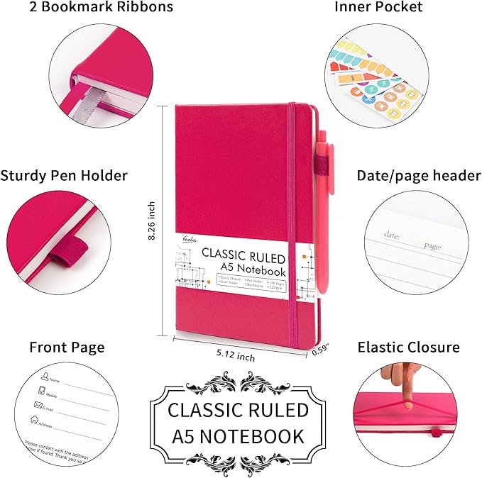 feela 5 Pack Notebooks Journals Bulk, Hardcover Notebook Classic Ruled Lined Journals with Pen Holder for Women Girls School Business Supplies, with 5 Black Pens, 120 GSM, 5.1”x8.3”, A5, Berry