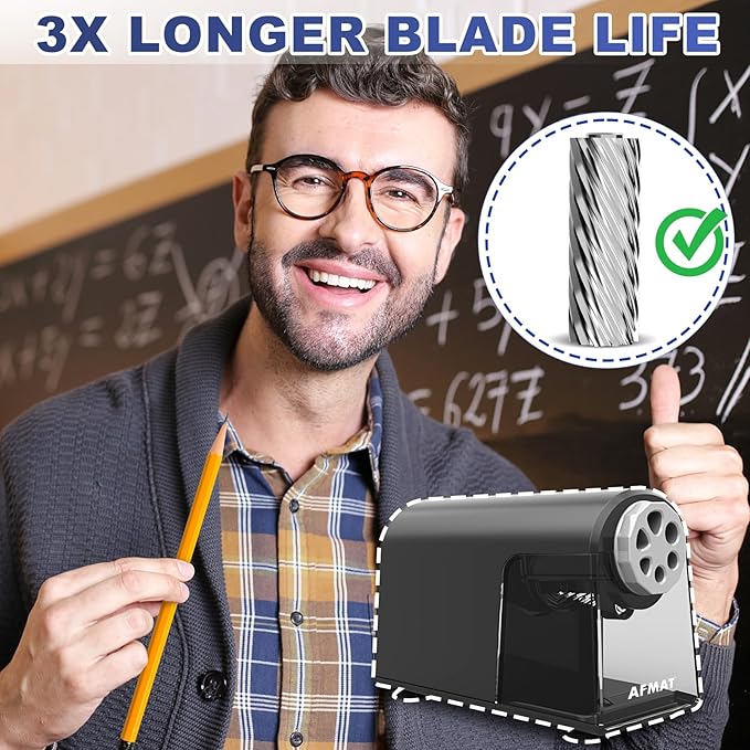 AFMAT PSX2 Electric Pencil Sharpener for Classroom, 6 Holes, Heavy Duty Pencil Sharpener for 6-11mm Pencils, Auto Stop, Save Pencils, School Teacher Must Have Pencil Sharpeners Plug in, Gray