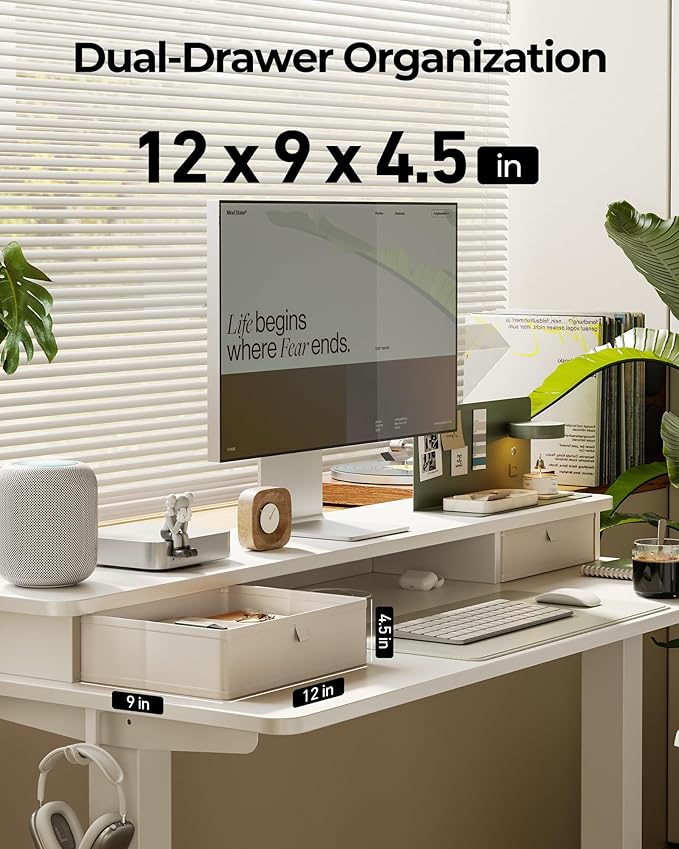 FEZIBO 60 x 24 Inch Height Adjustable Electric Standing Desk with Double Drawer, Stand up Home Office Computer Desk with 4 Height-Adjustable Feets & 2 Hooks, White