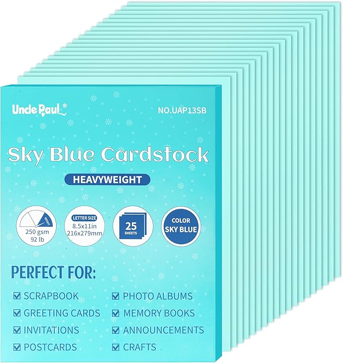 25 Sheets Sky Blue Cardstock - 8.5'' x 11'' Double-sided Cover Pastel Paper 92lb/250gsm Heavyweight Printer Paper for Wedding Invitations Menus Art Crafts Scrapbooking Party Décor UAP13SB