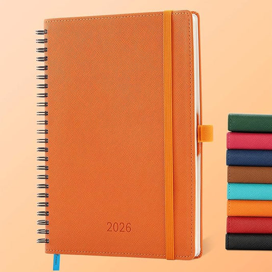 IN-LUXPRO Planner 2026 Daily Weekly and Monthly,8.5"x6.5",12 Months Spiral Bound Calendar Agenda with Self-adhesive Pen Holder,2026 Appointment Book with Vegan Leather Soft Cover,Orange