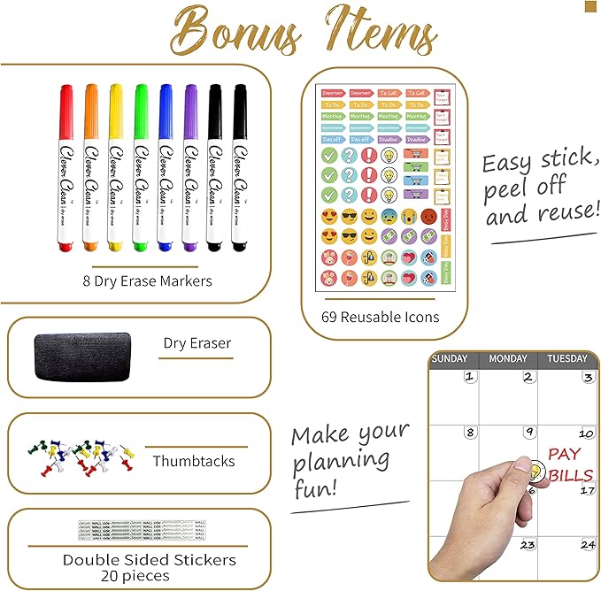 CLEVER CLEAN Large Dry Erase Wall Calendar - 48"x58" 12-month 2026 Undated Yearly Calendar for Home, Office, School Projects - Jumbo Laminated Task Organizer
