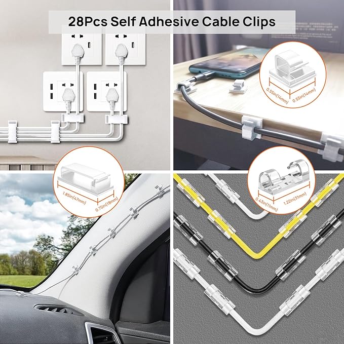 Ditar 193 PCS Cable Management Kit - 4 Cable Sleeve, 57 Self Adhesive Cable Clips, 12 Hanging Strips, 12 Cable Organizer Straps and 100 Fastening Cable Ties for TV Computer Under Desk (White)