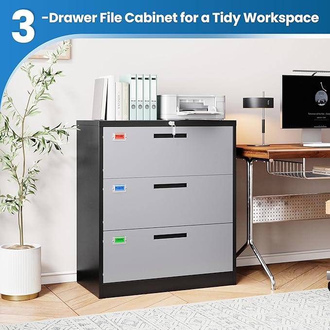 PEUKC 3 Drawer File Cabinet, Lateral Filing Cabinets for Home Office, Office Storage Drawers with Lock, Hanging Files Legal/Letter A4 Size (Assemble Required,Black Grey)