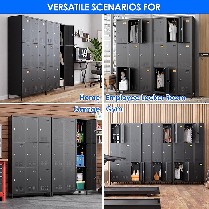 SUPEER 9 Doors Metal Lockers for Employees with 18 Hooks,Metal Lockers with Business Card Holder for School Garage Office Gym Home,Assembly Required,Black