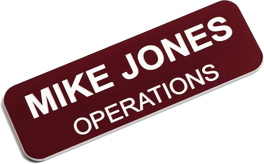 Custom Engraved Name Tag Badges – Personalized Identification with Pin or Magnetic Backing, 1 Inch x 3 Inches, Claret/White