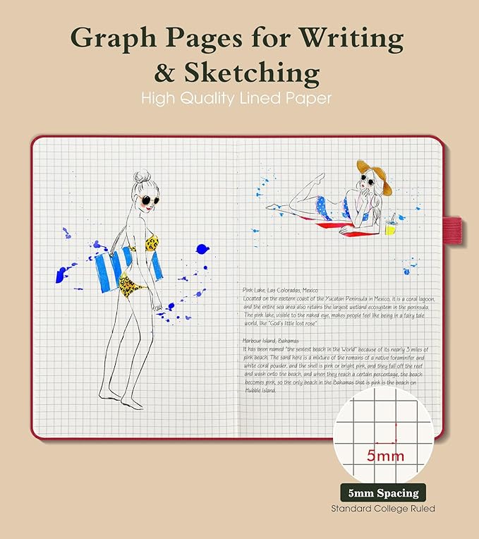 PAIBAS Graph Notebook for Women Men, 160 Pages Grid Paper, Graphing Notebooks for School, Work, Quad Ruled, Inner Pocket, A5 Hardcover Vintage Leather Journals for Writing, 5.8"x8.5" (Burgundy)