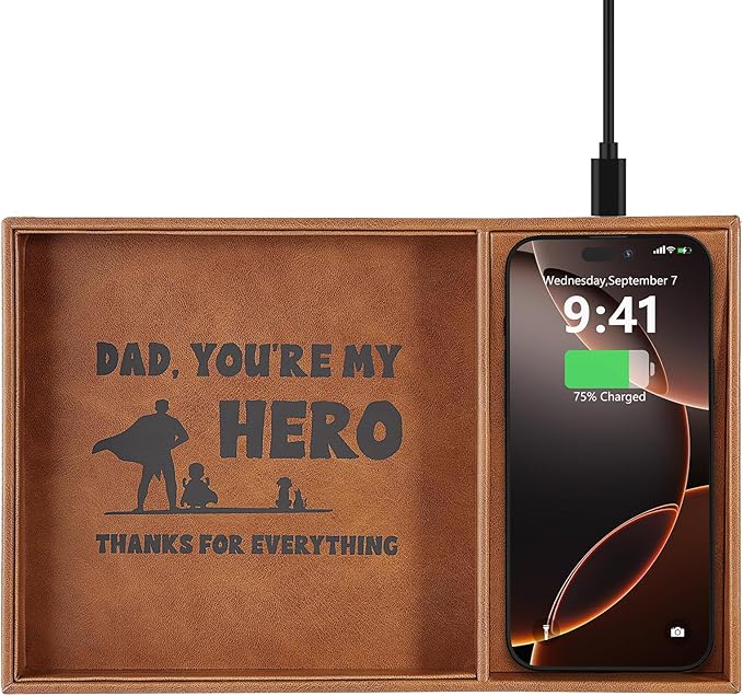 Valet Tray, Built-in Wireless Charger, Nightstand Organizer, Dresser Organizer, Mens Jewelry Box, Valet Charging Station, Gifts for Dad from Daughter Son Wife, Brown