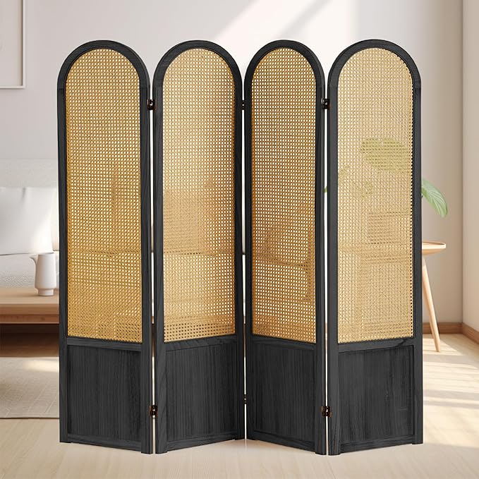 Asnefeli Room Divider 4 Panels, Folding Privacy Screen, Foldable Wood Rattan Room Divider Panel, Portable Partition Screen, Wall Divider for Room Separation Bedroom Home Office Garden Terrace (Black)
