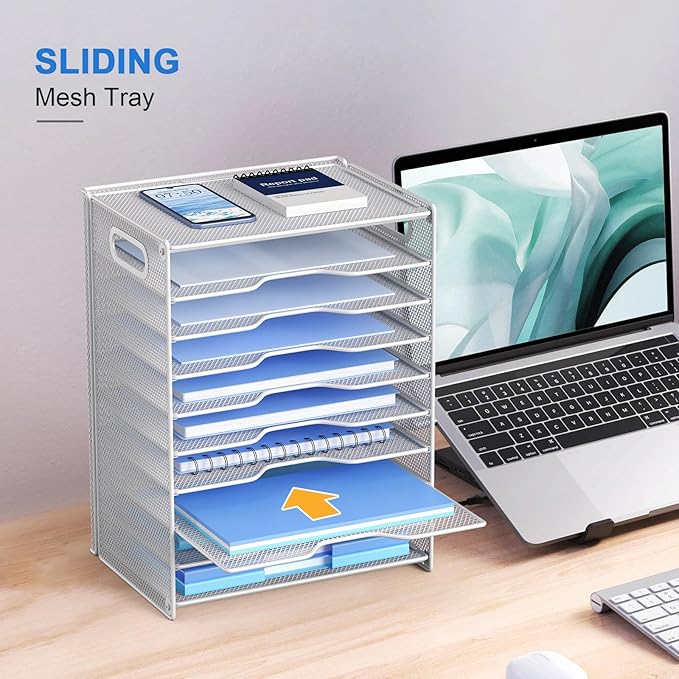 OUTWOLF 10 Tier Paper Organizer - Letter Tray Mesh Desk File Organizer with Handles for Office School Desktop, White