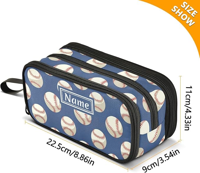 BOENLE Custom Baseballs Ball Blue Pencil Case Box Boys Girls Personalized Name Large Pencil Pouch Stationery Pen Bag Organizer for Kids Adults School Office