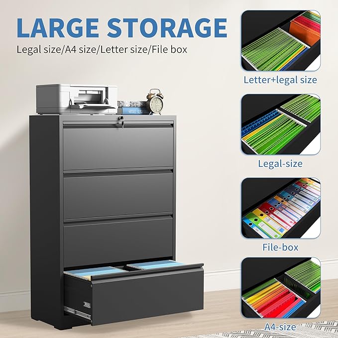 FLIXELIO File Cabinets 4 Drawer,Metal Office Storage Filing Cabinet with Lock,Black Lateral Filing Cabinet for Home Office,Horizontal Locking File Cabinet for Legal/Letter/A4 Files,Assembly Required