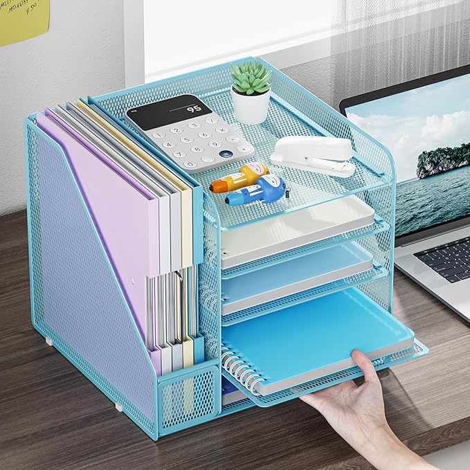 Marbrasse Desk Organizers and Accessories, 5-Tier Paper Letter Tray Organizer with File Holder, Mesh File Organizer, Office Desk Accessories & Organization for Supplies (Blue)