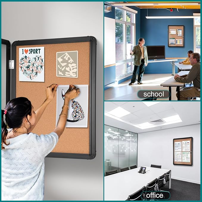 Magula 36"x24" Enclosed Bulletin Board Tamper-Proof Dispaly Case, Black Aluminium Frame, Shatter Resistant Lockable Bulletin Board, Enclosed Cork Board for School, Office,Commercial,Hospital etc