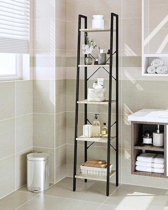 Hzuaneri Ladder Shelf, Bookshelf Bookcase, Freestanding Corner Storage Shelve with 2 Hooks for Home Office, Living Room, Kitchen, Bedroom, Industrial, 11.8" D x 13.4" W x 63" H, Greige BC03205B