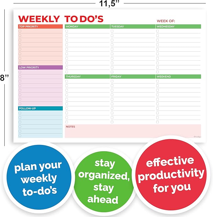 Weekly Planner Notepad, Weekly To Do List Notepad, Tear Off Undated Weekly Planner Pad, 11.5" x 8", Premium Thick Paper with Cardboard Back Support, Desk Planner for Office & Home, Vivid Color Design.