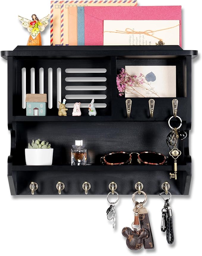 Mutsault Key Holder for Wall, Mail and Key Holder for Home Decor, Key and Mail Holder for Wall with Key Hooks, Black