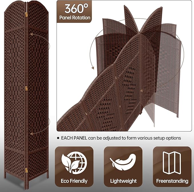 DURASPACE 6 Panel Room Divider, 6ft Tall Folding Privacy Screen, 19.5" Wide Panels, 360°Rotation, Hand-Woven Freestanding Wood Partition for Room Separation