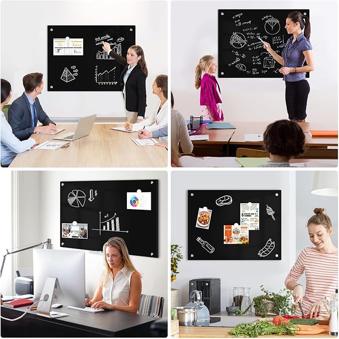 Black Dry Erase Board, 4' x 3' Magnetic Glass Whiteboard for Wall,48" x 36" Large Black Glass Magnetic Board with 1 Marker Tray and 3 Magnets for Office, Home, Classroom