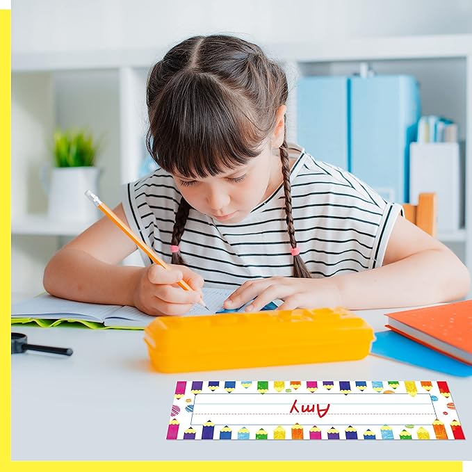 40PCS Desk Nameplates, Double Sided PET Film Desk Name Tags Erasable & Reusable Traditional Manuscript Name Plate Classroom Decoration for School Student (10” x 2.8”)