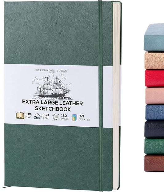 Beechmore Books A3 Sketchbook – 11.7x16.5 Premium Vegan Leather Bound Large Sketch Book Hardcover with 160 Thick 160gsm Perforated Ivory Pages, Blank Sketch Pad Gift Boxed Back Pocket Ribbon Bookmark