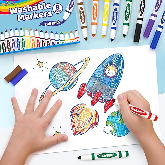 TooyBing Washable Markers Bulk (288 Count), 8 Assorted Colors, Washable Markers for Kids Classroom School, Broad Tip Durable for Back to Classroom Art School Supplies Essentials