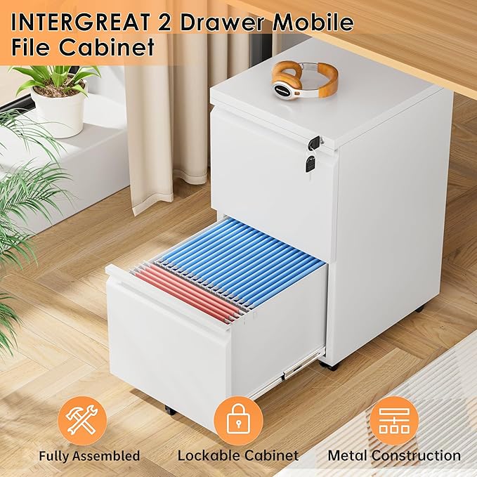 INTERGREAT 2 Drawer File Cabinet with Wheels, Metal Filling Cabinet with Lock, Locking Office Mobile Cabinet with Wheels for Legal/Letter Size, Under Desk, Easy Assemble, White