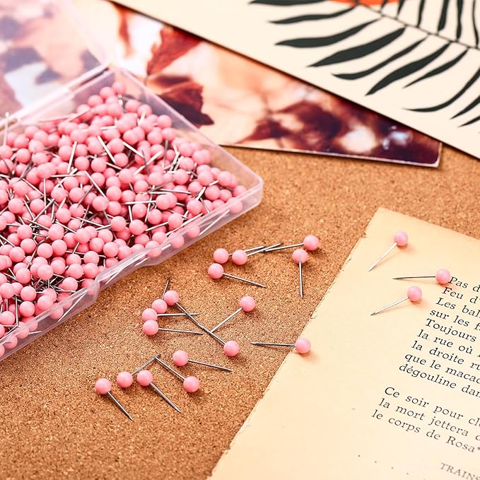 WILLBOND 500 Pack Map Push Pins Map Tacks Small Round Head Push Pins Thumb Tacks for Travel Picture Photo Bulletin Board Wall DIY Craft School Office Home(Pink,1/6 Inch)