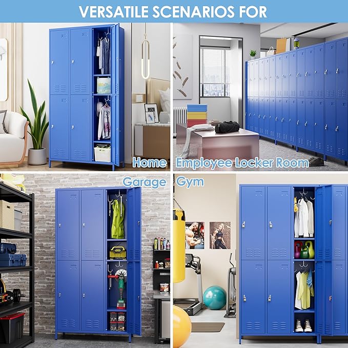 SUPEER 6 Doors Metal Locker for Employees with 18 Hooks and Business Card Holder,Metal Locker with Ventilation Holes for School Garage Office Gym Home,Assembly Required,Blue
