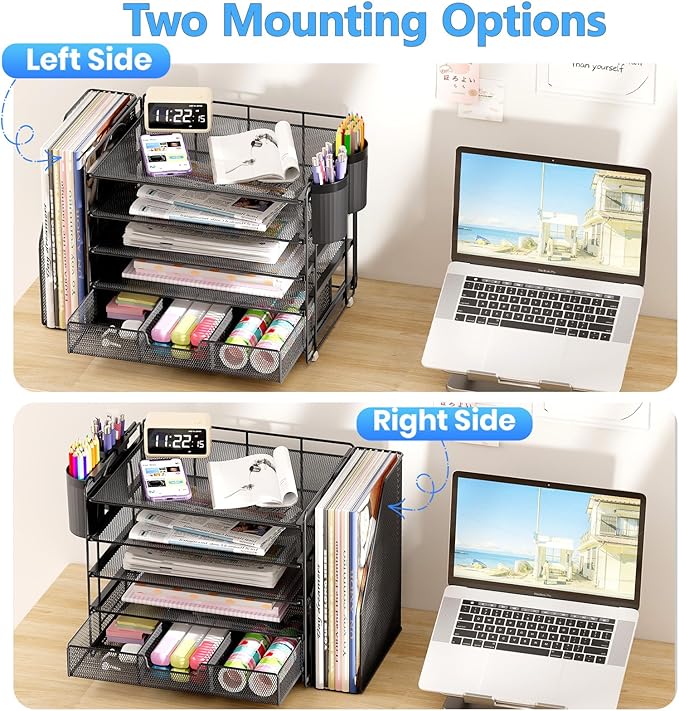 OPNICE Desk Organizer, 5-Tier Paper File Organizer with Drawer & Pen Holder, Office Desk Accessories, Workspace Desktop Organizer for Office Supplies(Black)