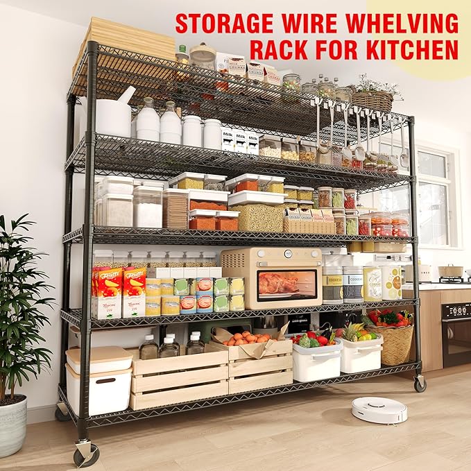 MilleLoom 82" H Storage Shelves with Wheels, 5-Tier Metal Shelving Unit Load 3300LBS Capacity, Adjustable Wire Shelf Rack w/Feets, Heavy Duty Storage Shelving for Garage Pantry Rooms, 59" W X 24" D