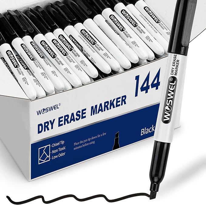 WOSWEL Dry Erase Markers Bulk, 144 Pack Black Chisel Tip Whiteboard Markers, Low Odor Dry Erase Markers for School Office Home